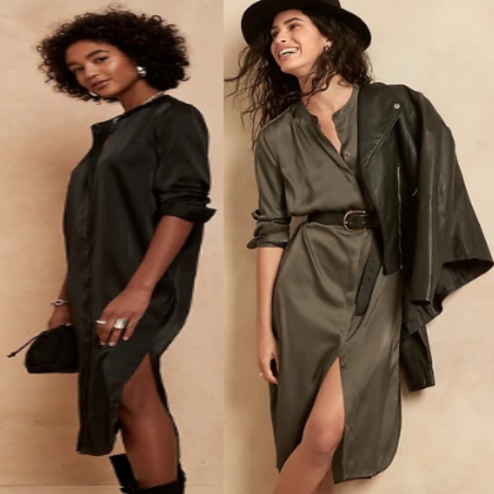 NWT Satin Button-Down Shirtdress S 4/6 Black F460